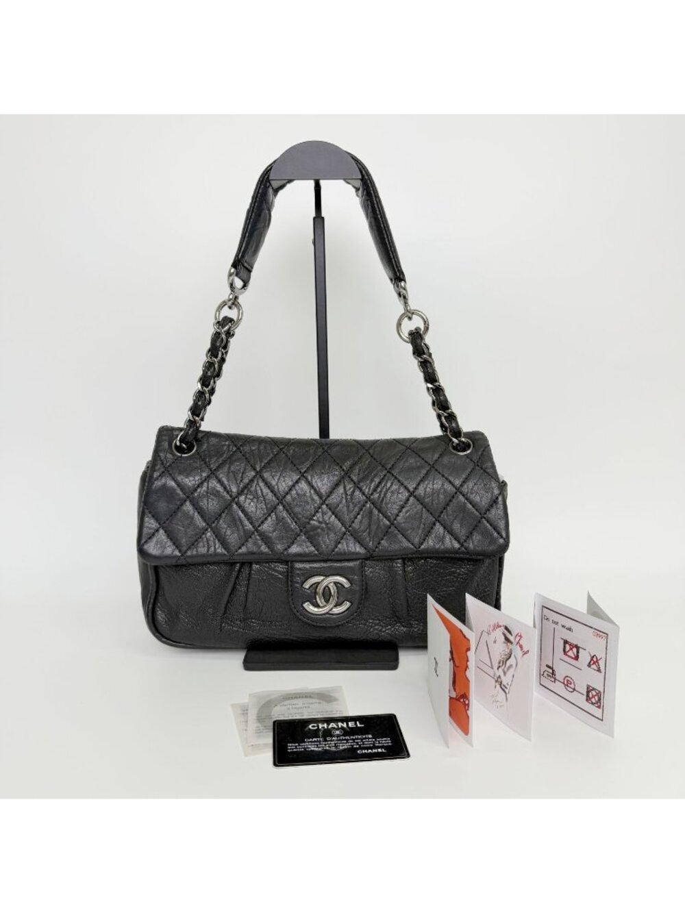 Chanel on the Road Quilted CC Logo Shoulder Bag Leather Black Silver Vintage